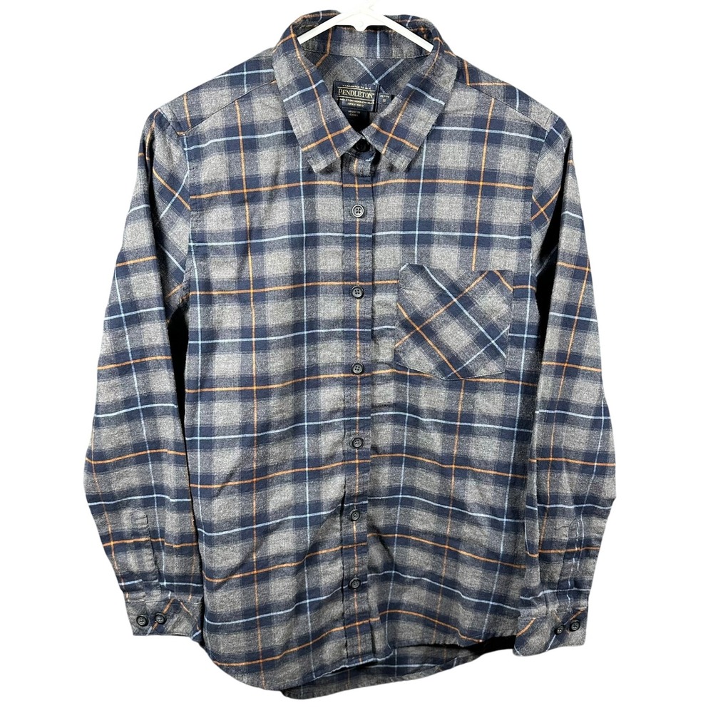 Pendleton Petite Small Flannel Shirt Plaid Button Down Gray‎ Blue Orange